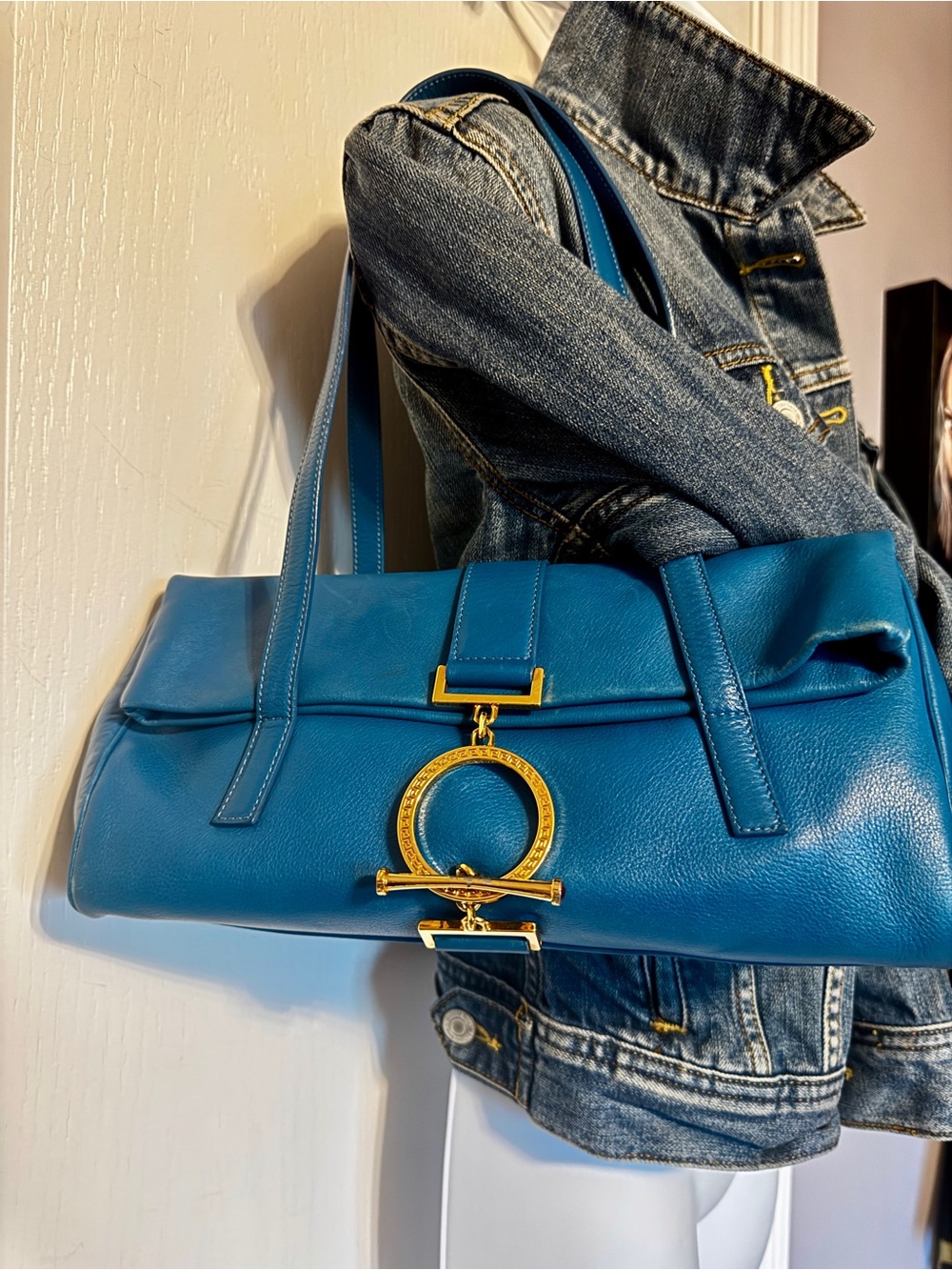 RARE Vintage Gianni Versace Blue Leather Greca Jewel Shoulder Bag – 1990